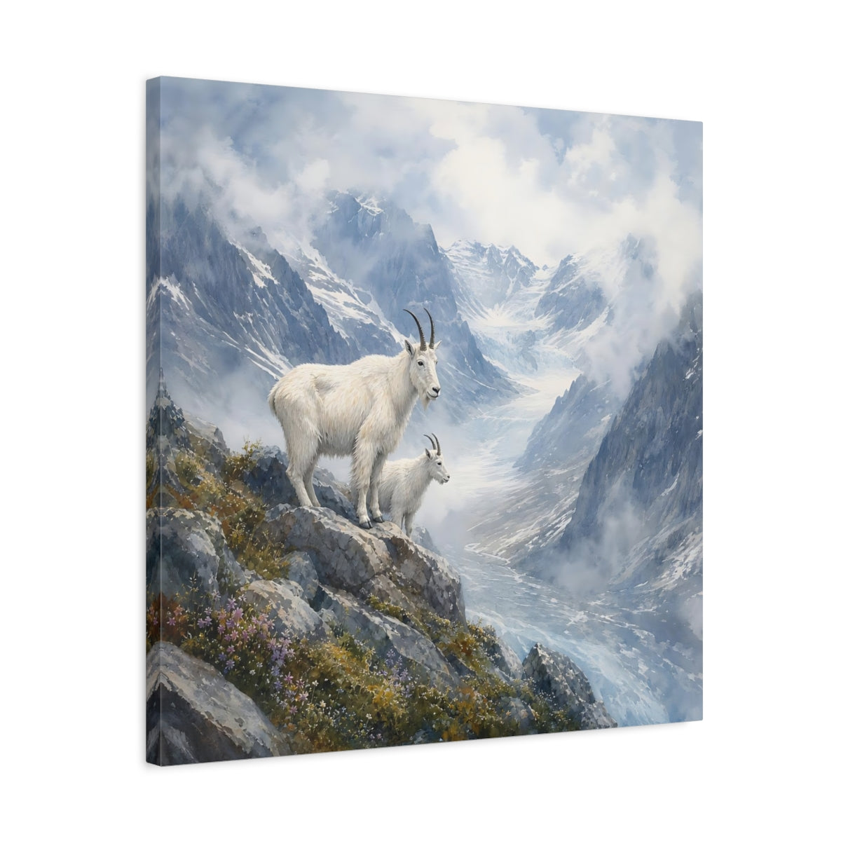Side Mockup 4. Animals Mountain Goats Mountain Goats Blue shown as stretched canvas wall art
