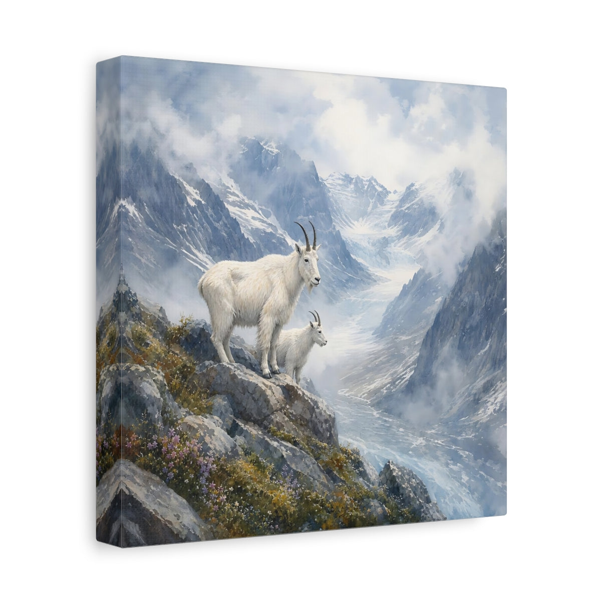Side Mockup 9. Animals Mountain Goats Mountain Goats Blue shown as stretched canvas wall art