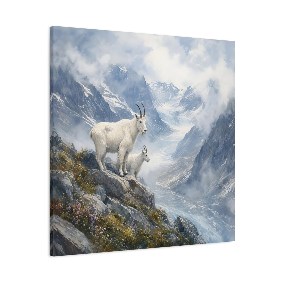 Side Mockup 3. Animals Mountain Goats Mountain Goats Blue shown as stretched canvas wall art
