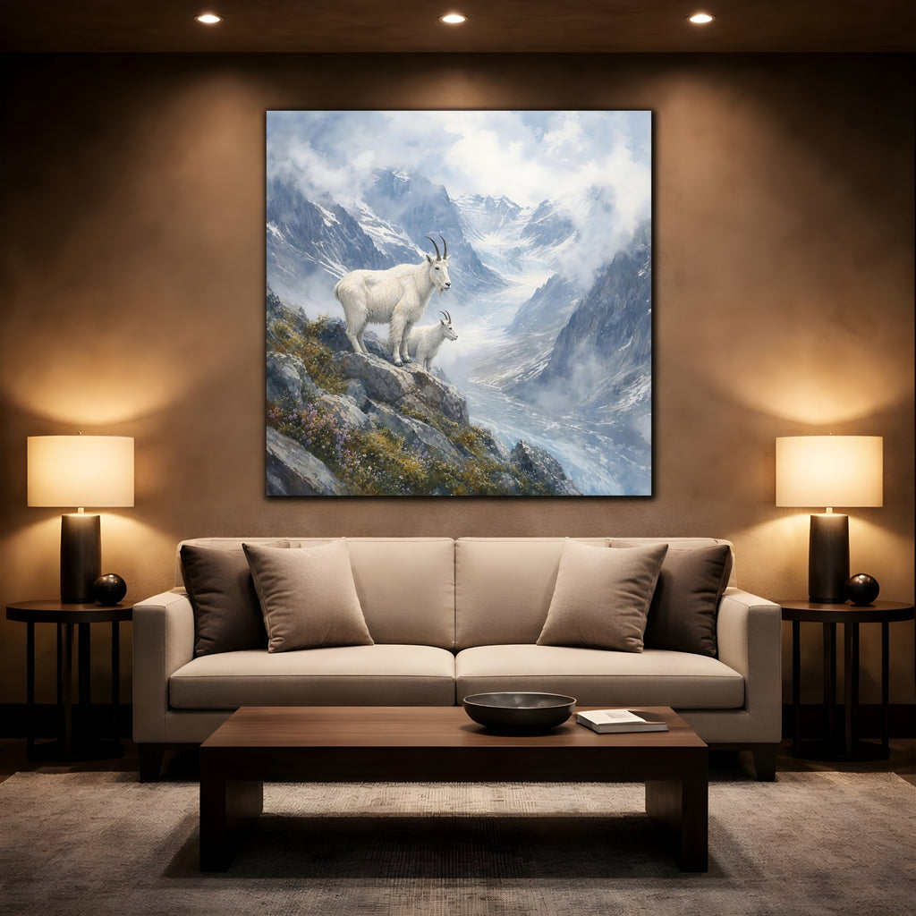 Mockup 2. Animals Mountain Goats Mountain Goats Blue shown as stretched canvas wall art