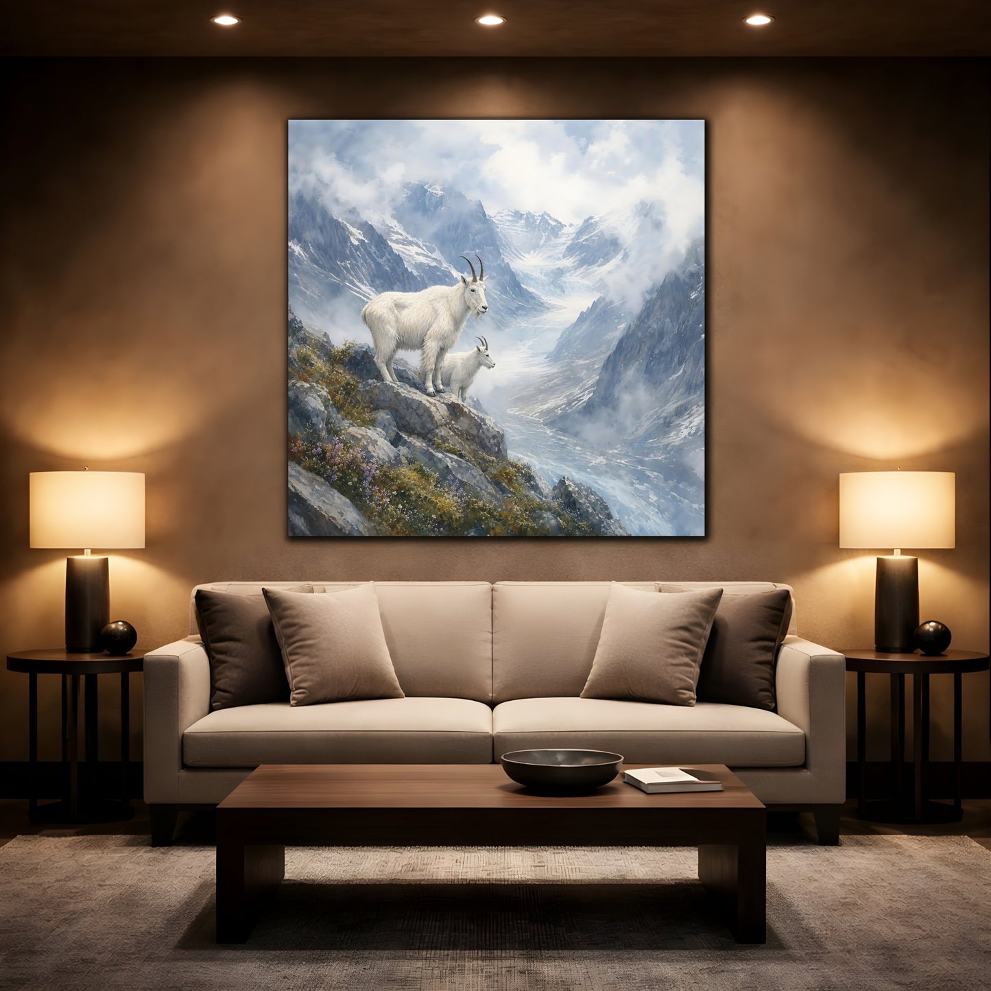 Mockup 2. Animals Mountain Goats Mountain Goats Blue shown as stretched canvas wall art