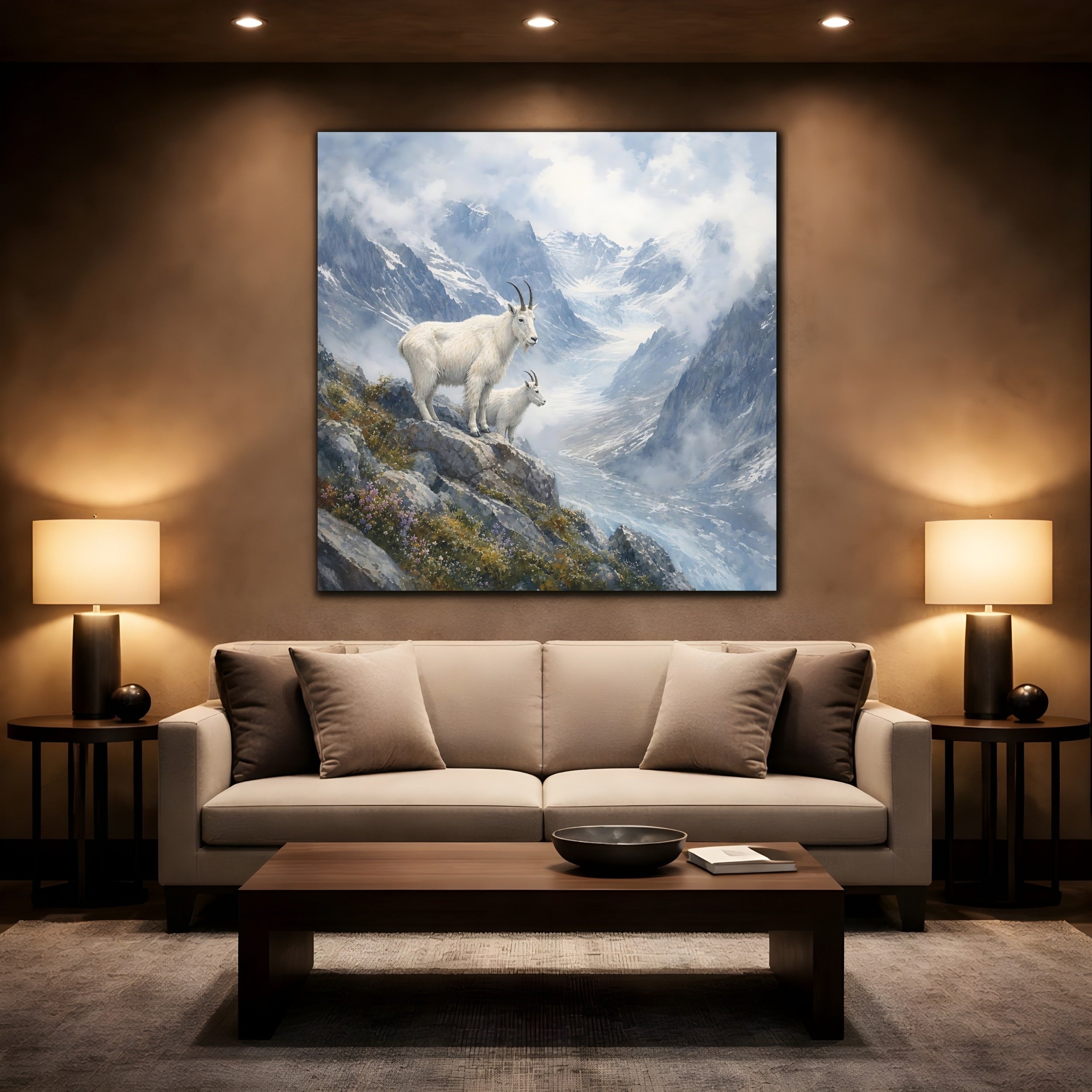 Mockup 2. Animals Mountain Goats Mountain Goats Blue shown as stretched canvas wall art
