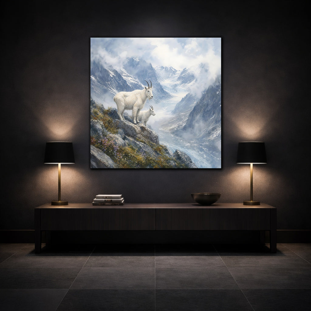Mockup 3. Animals Mountain Goats Mountain Goats Blue shown as stretched canvas wall art