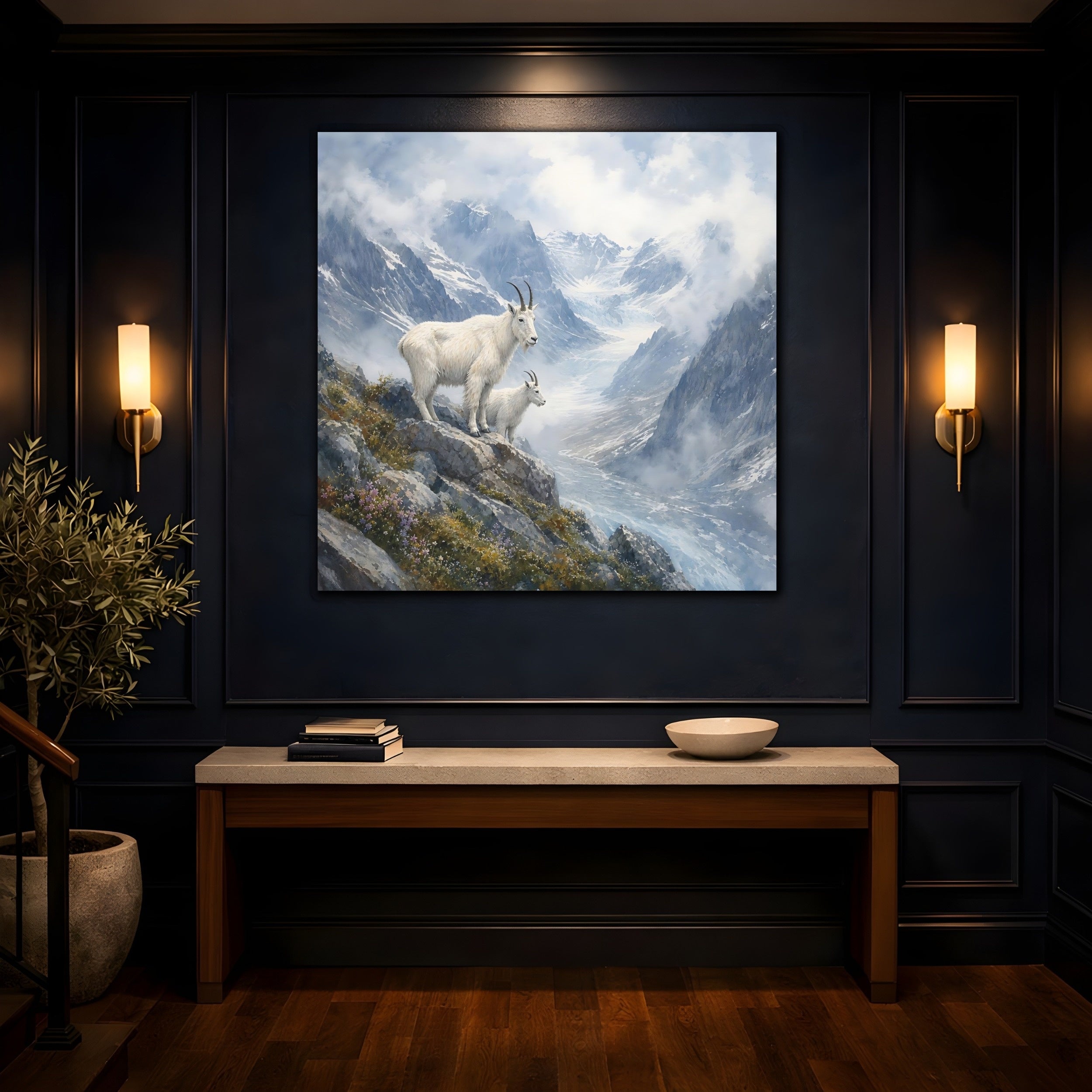 Mockup 4. Animals Mountain Goats Mountain Goats Blue shown as stretched canvas wall art