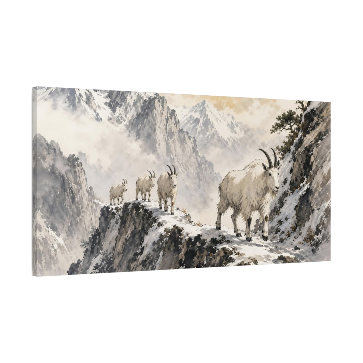 Main Mockup. Animals Mountain Goats White And Grey shown as stretched canvas wall art