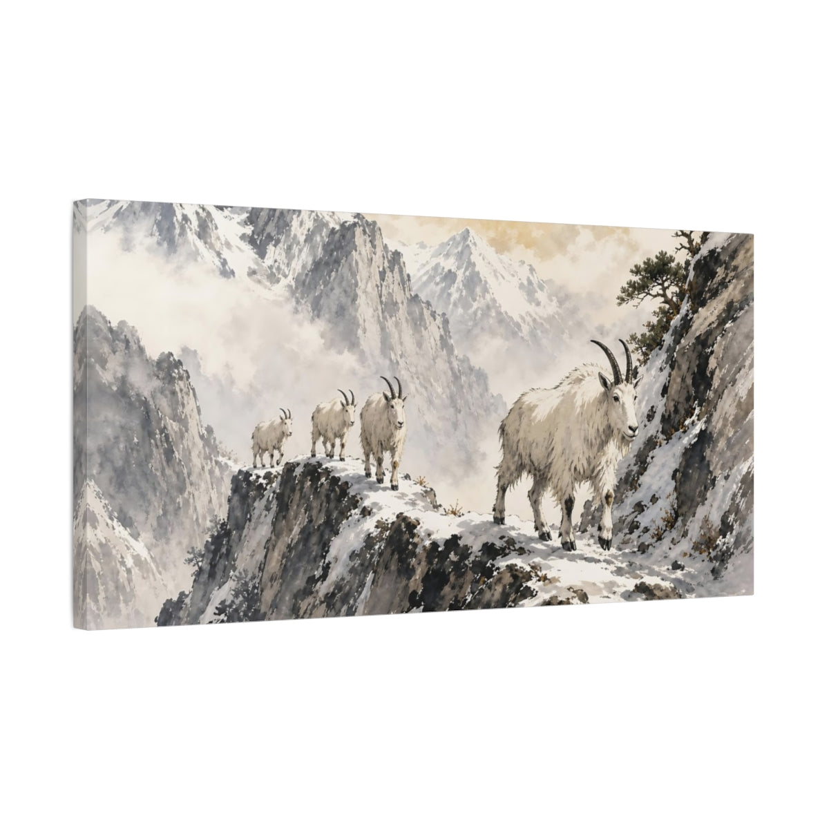Side Mockup 1. Animals Mountain Goats White And Grey shown as stretched canvas wall art