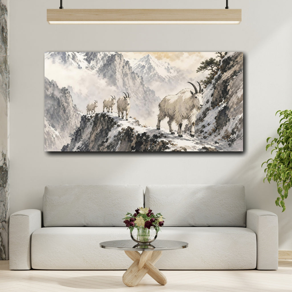 Mockup 2. Animals Mountain Goats White And Grey shown as stretched canvas wall art