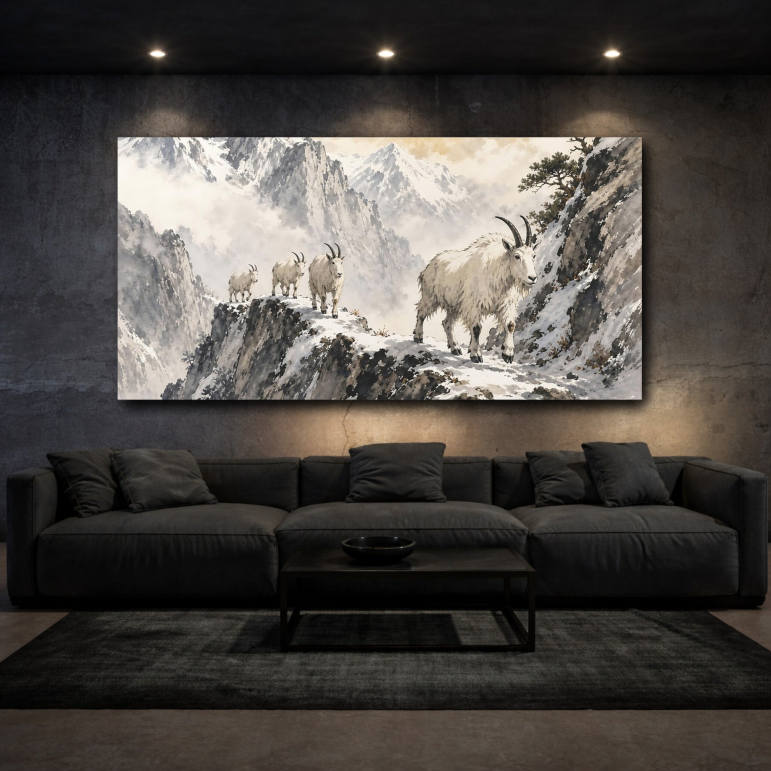 Mockup 3. Animals Mountain Goats White And Grey shown as stretched canvas wall art