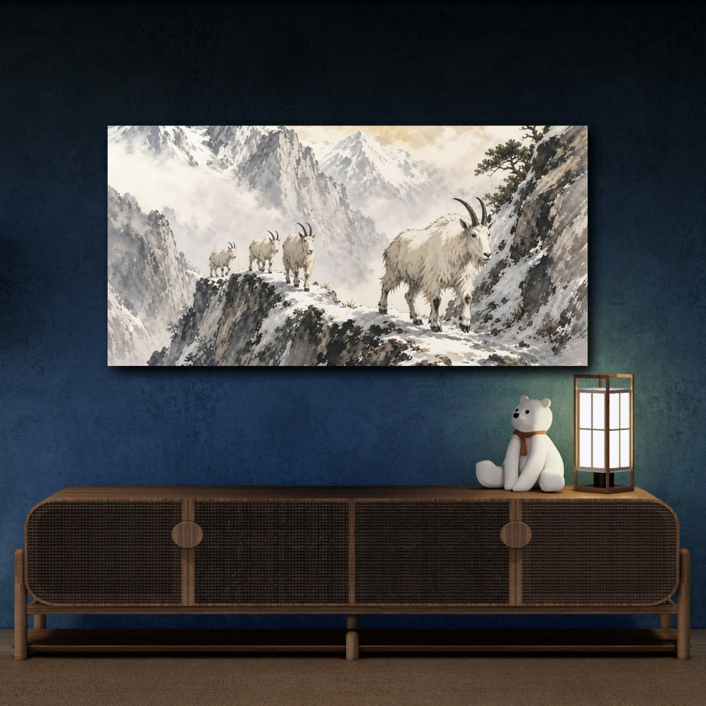 Mockup 4. Animals Mountain Goats White And Grey shown as stretched canvas wall art