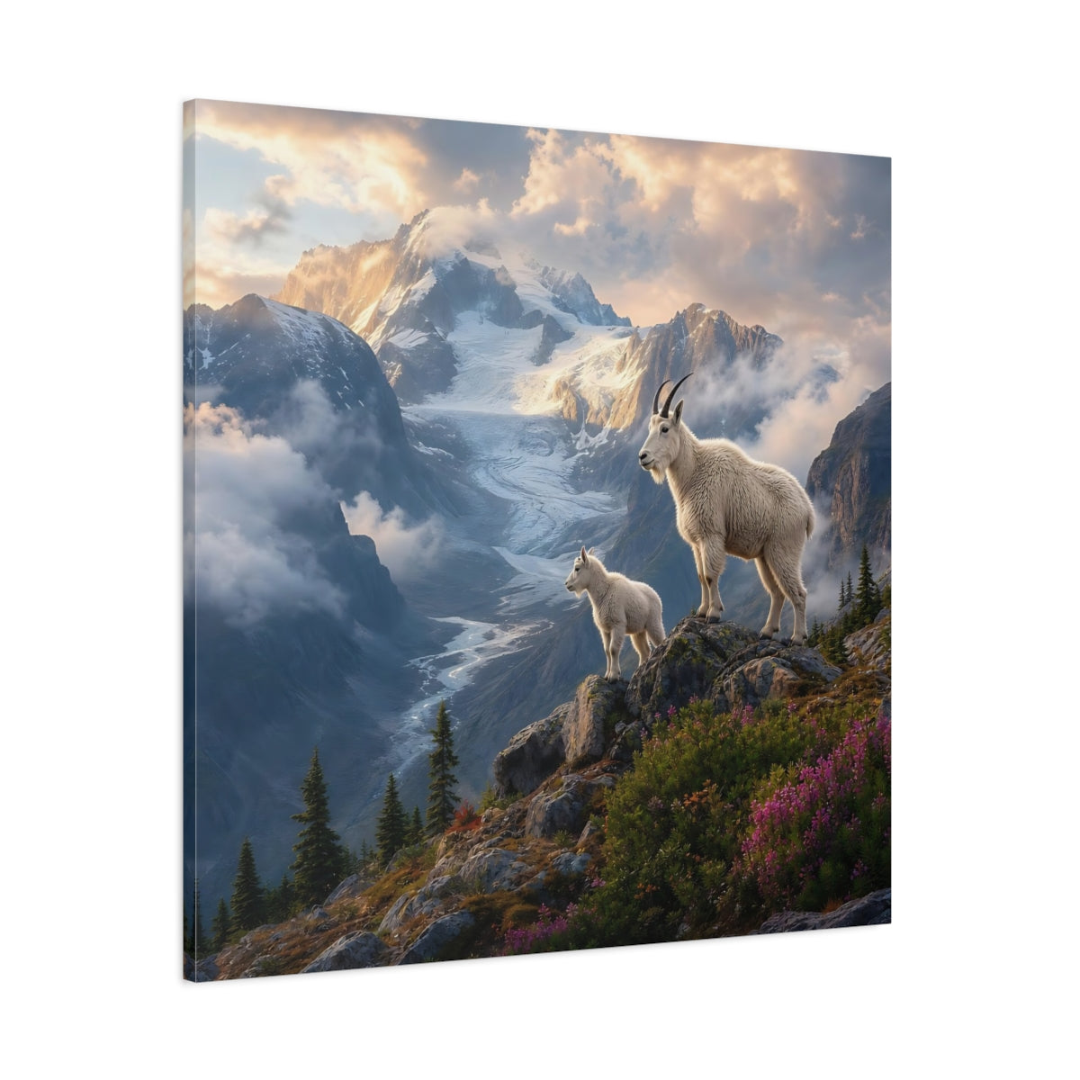 Side Mockup 1. Animals Mountain Goats White Mountain Goats shown as stretched canvas wall art