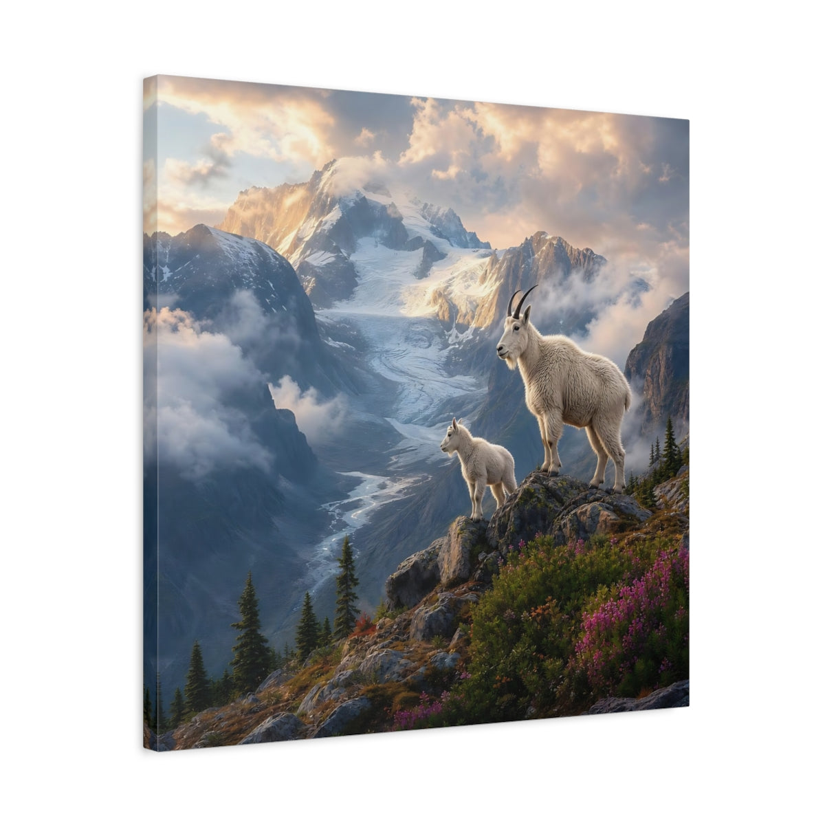 Side Mockup 4. Animals Mountain Goats White Mountain Goats shown as stretched canvas wall art