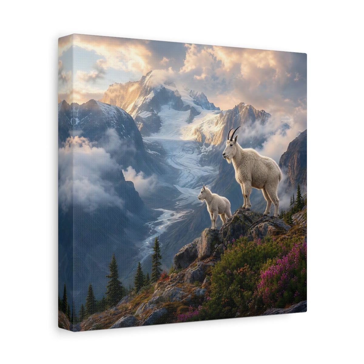 Side Mockup 9. Animals Mountain Goats White Mountain Goats shown as stretched canvas wall art
