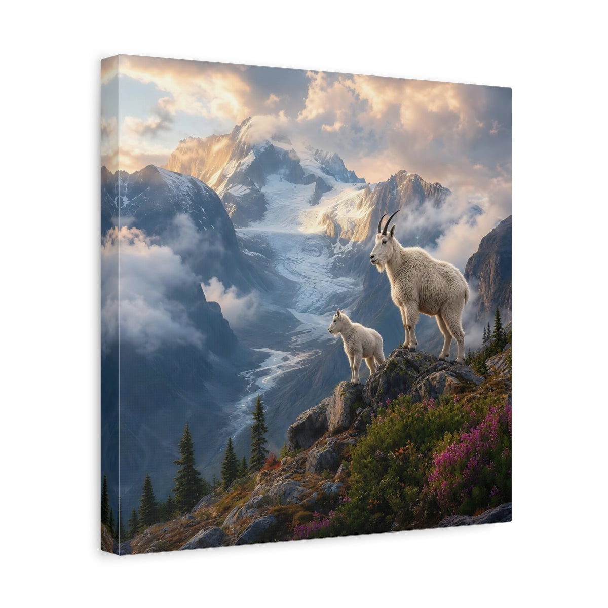 Side Mockup 7. Animals Mountain Goats White Mountain Goats shown as stretched canvas wall art