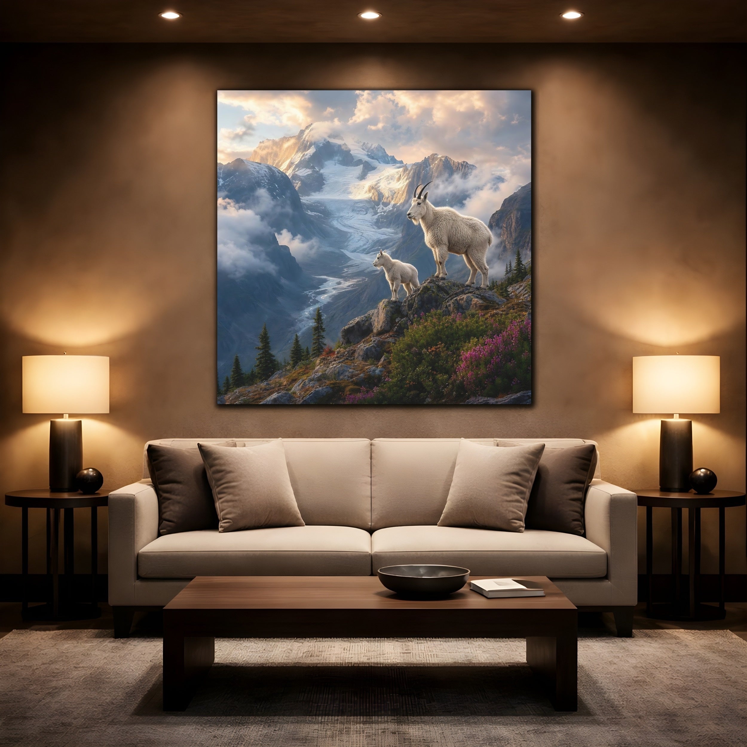 Mockup 2. Animals Mountain Goats White Mountain Goats shown as stretched canvas wall art