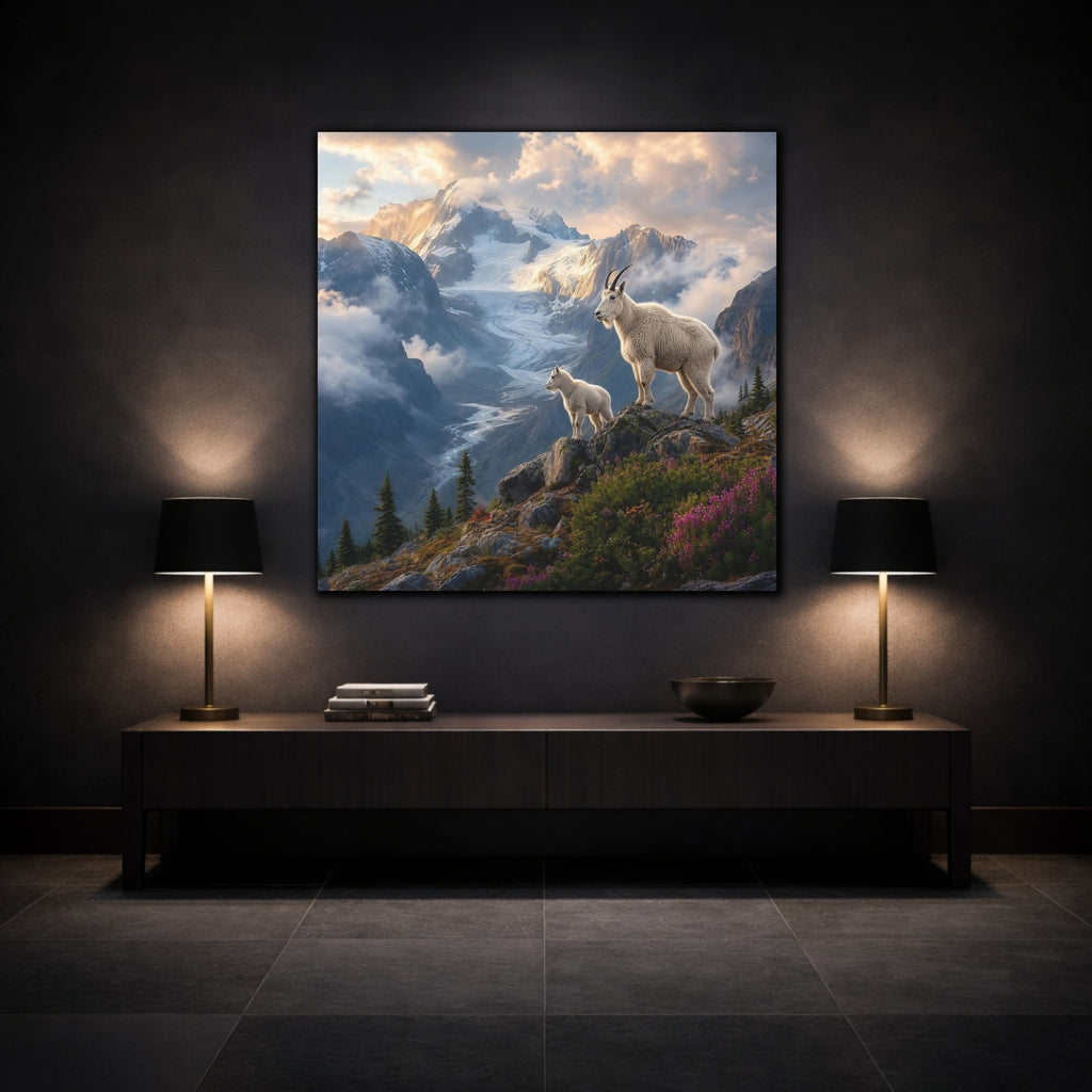 Mockup 3. Animals Mountain Goats White Mountain Goats shown as stretched canvas wall art