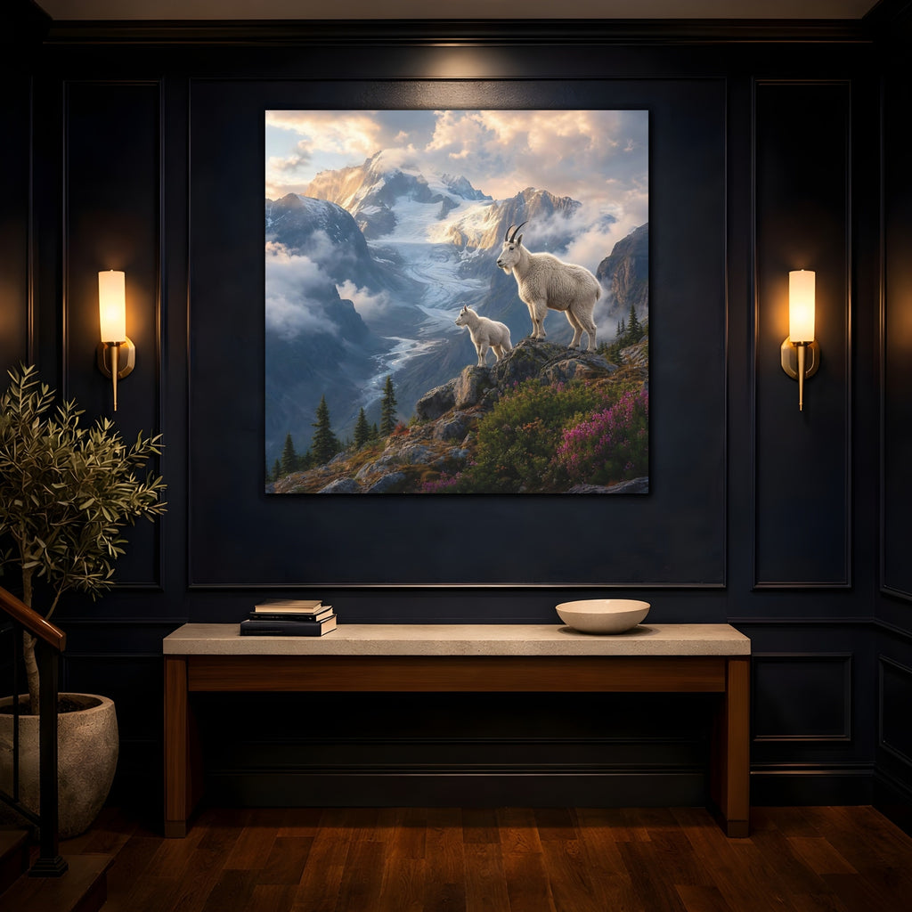 Mockup 4. Animals Mountain Goats White Mountain Goats shown as stretched canvas wall art