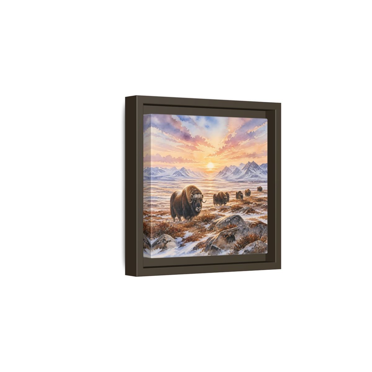 Side Mockup 2. Animals Musk Oxen Musk Oxen Landscape shown as stretched canvas wall art