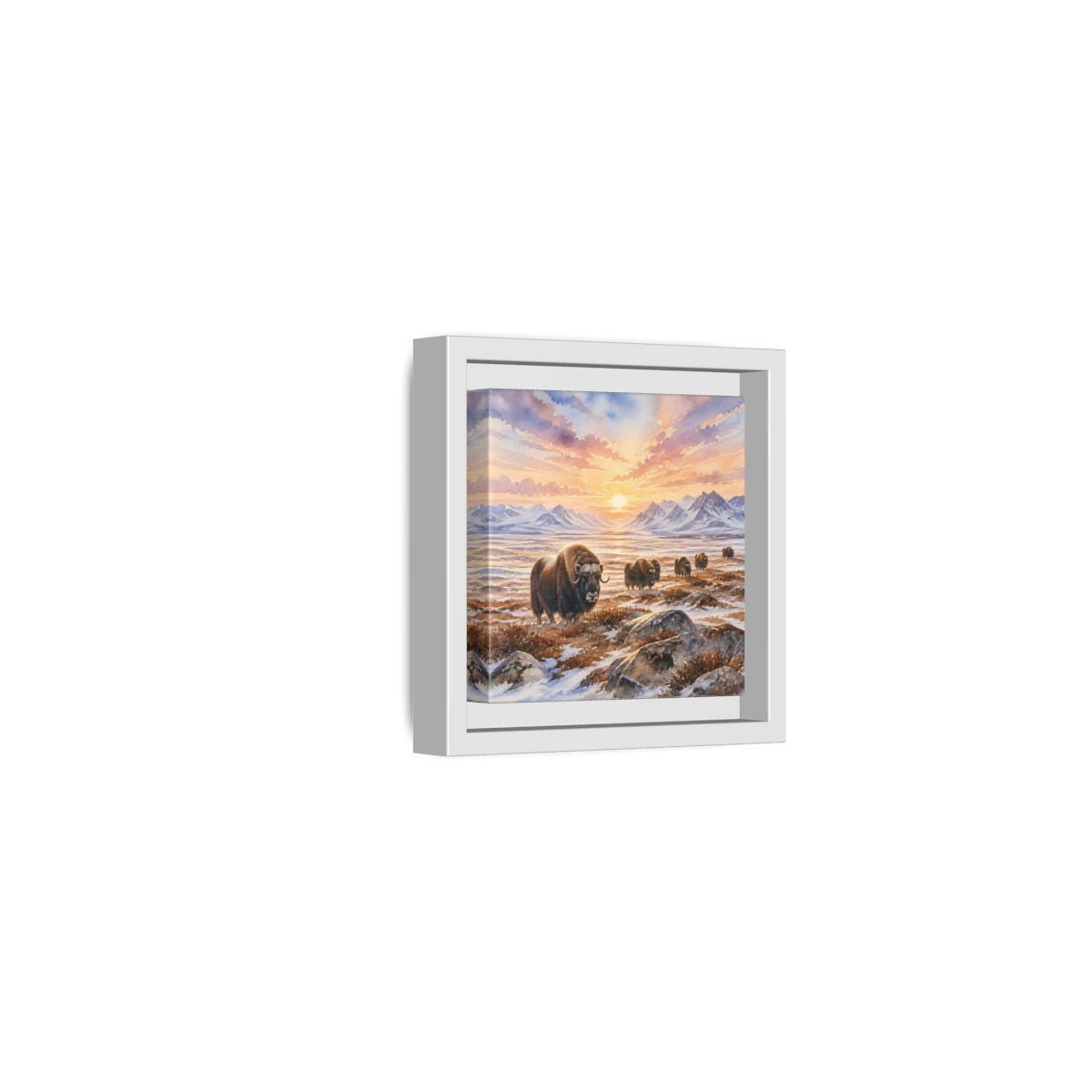 Side Mockup 22. Animals Musk Oxen Musk Oxen Landscape shown as stretched canvas wall art