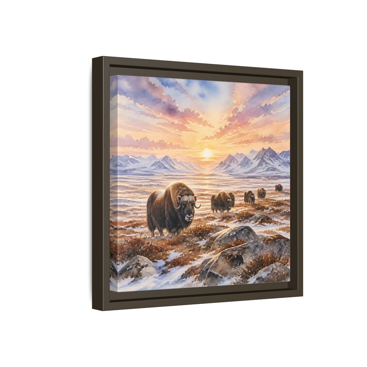 Side Mockup 17. Animals Musk Oxen Musk Oxen Landscape shown as stretched canvas wall art