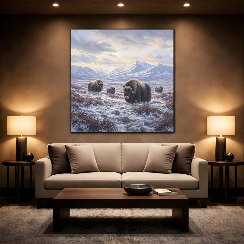 Mockup 2. Animals Musk Oxen Musk Ox Winter shown as stretched canvas wall art