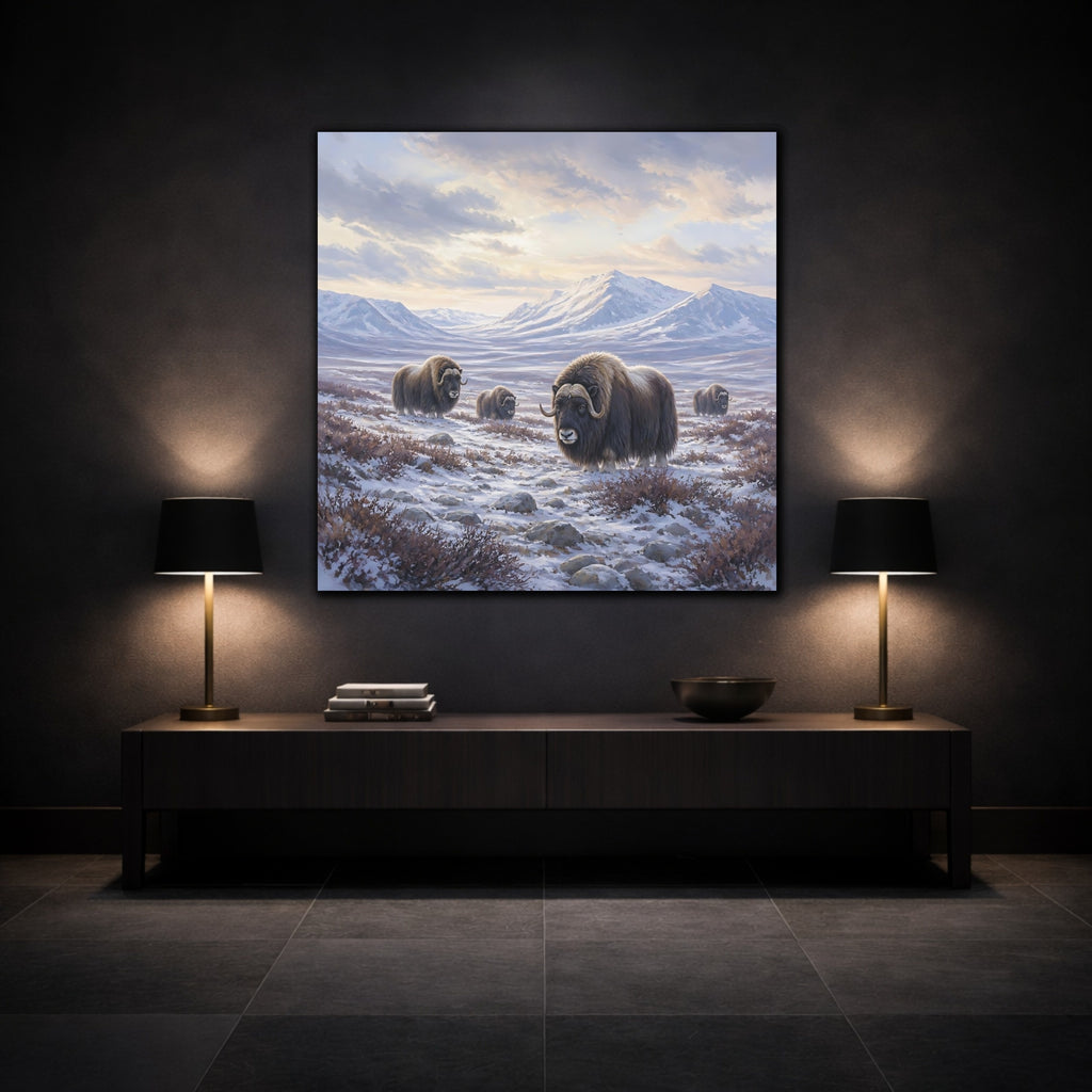Mockup 3. Animals Musk Oxen Musk Ox Winter shown as stretched canvas wall art