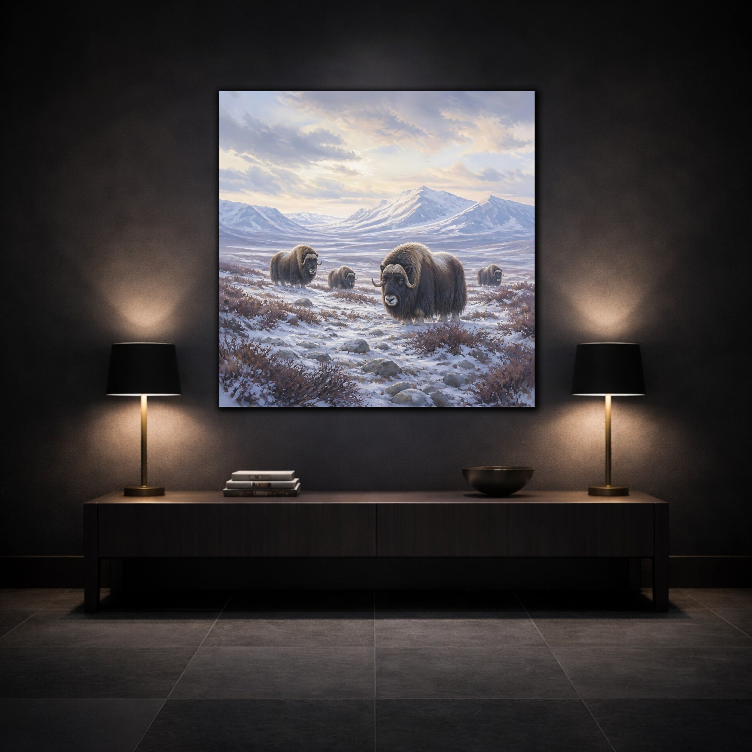 Mockup 3. Animals Musk Oxen Musk Ox Winter shown as stretched canvas wall art