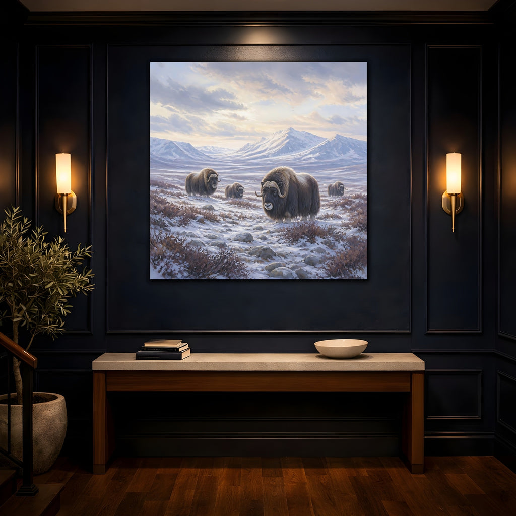 Mockup 4. Animals Musk Oxen Musk Ox Winter shown as stretched canvas wall art