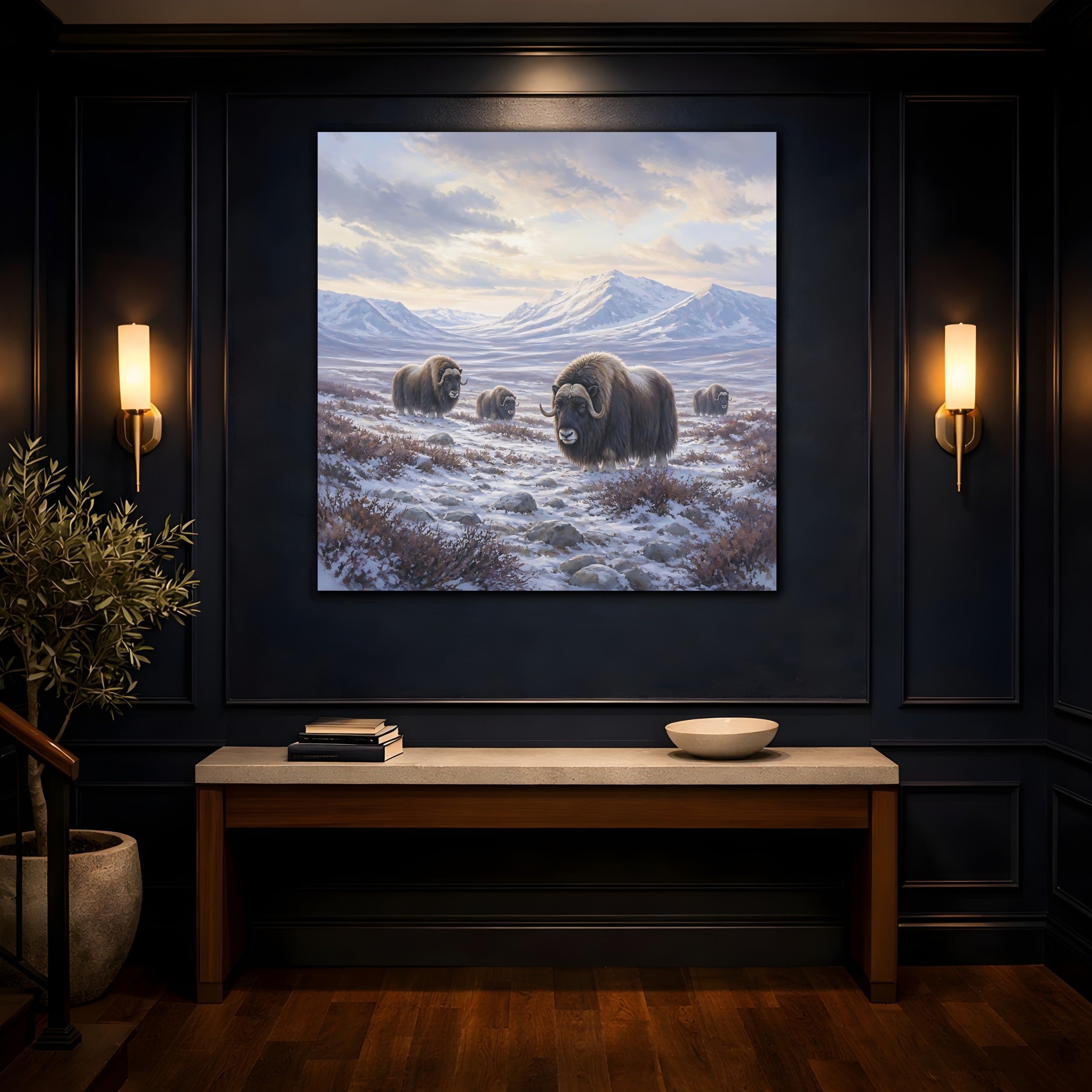 Mockup 4. Animals Musk Oxen Musk Ox Winter shown as stretched canvas wall art