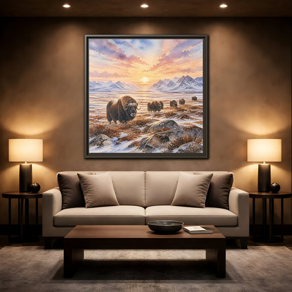 Mockup 2. Animals Musk Oxen Musk Oxen Landscape shown as stretched canvas wall art