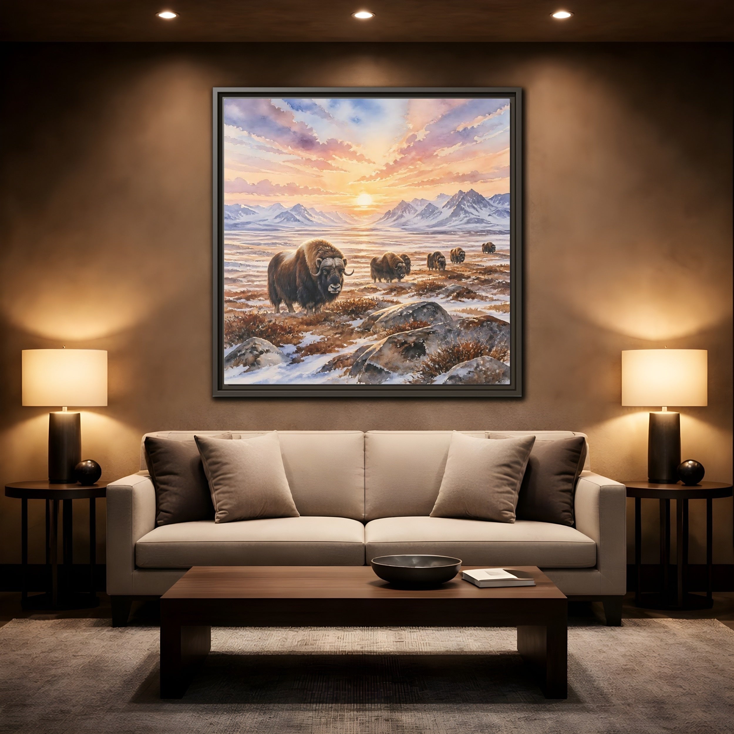 Mockup 2. Animals Musk Oxen Musk Oxen Landscape shown as stretched canvas wall art