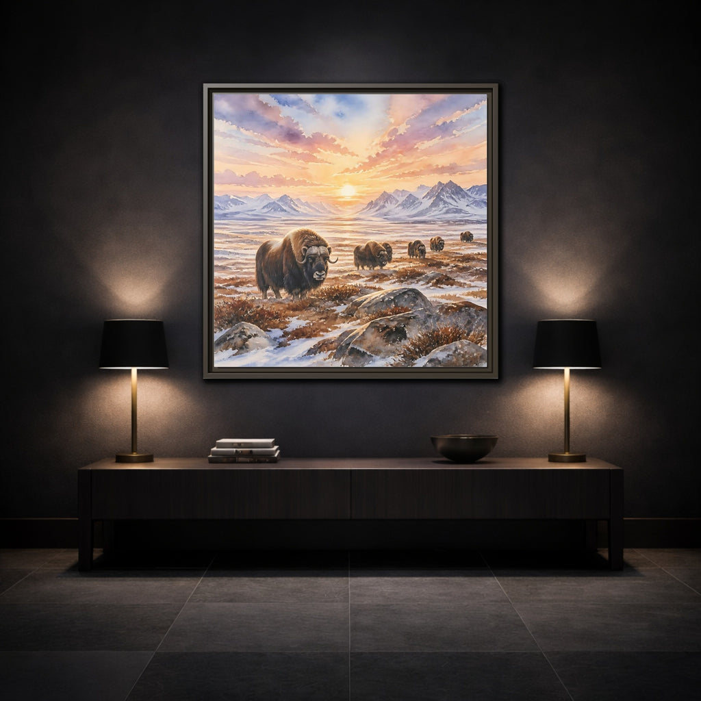 Mockup 3. Animals Musk Oxen Musk Oxen Landscape shown as stretched canvas wall art