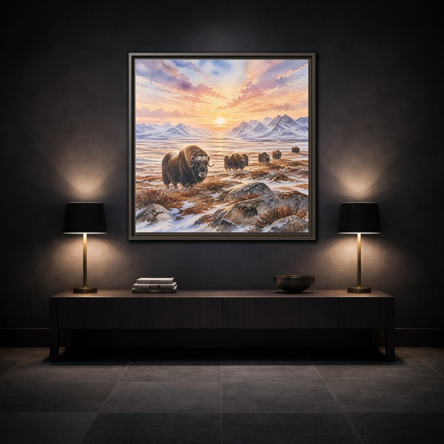 Mockup 3. Animals Musk Oxen Musk Oxen Landscape shown as stretched canvas wall art