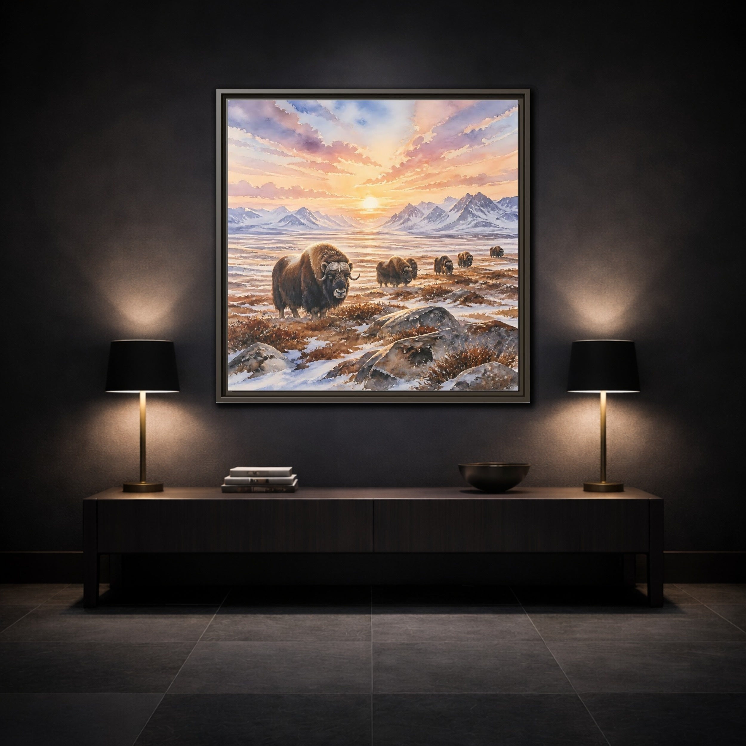 Mockup 3. Animals Musk Oxen Musk Oxen Landscape shown as stretched canvas wall art
