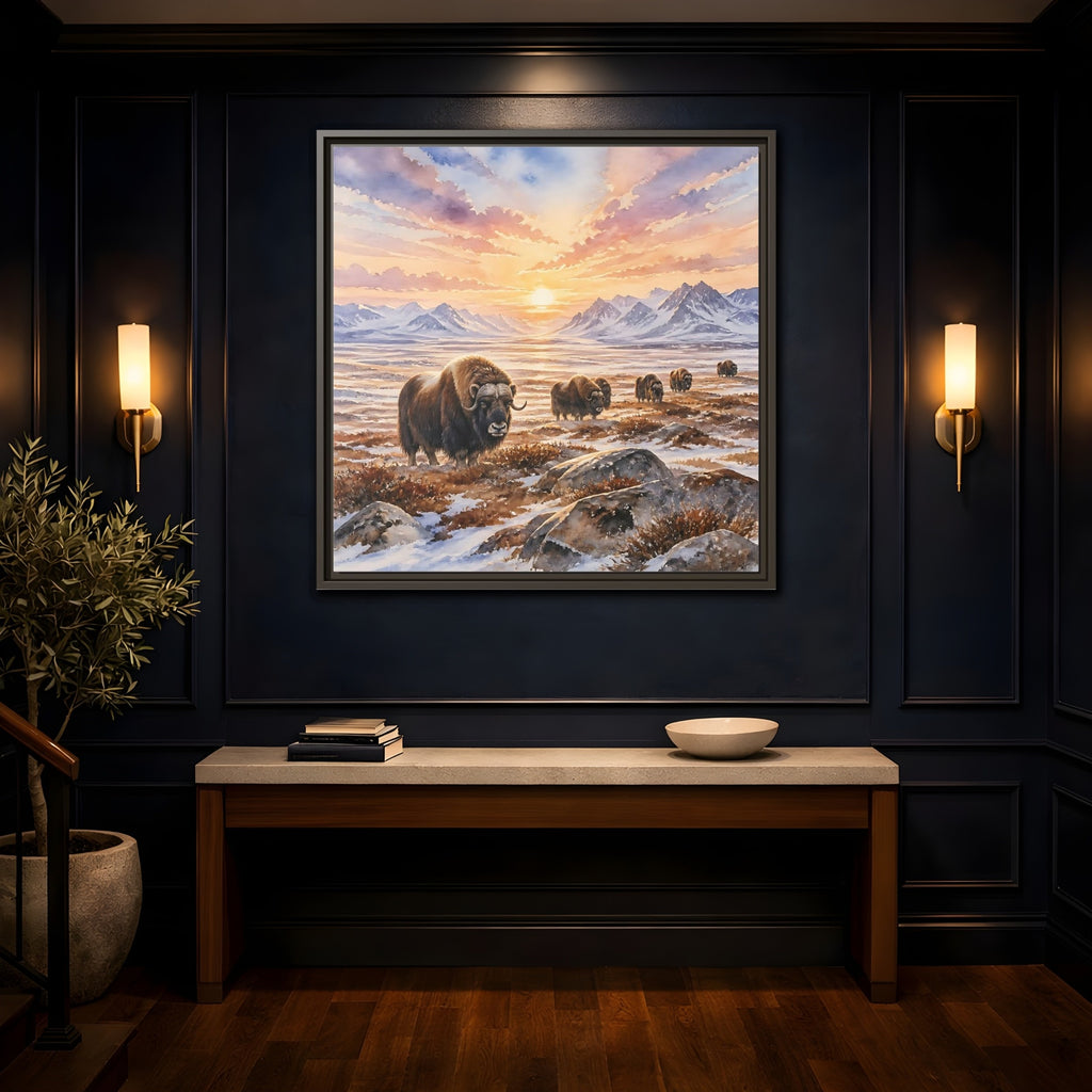 Mockup 4. Animals Musk Oxen Musk Oxen Landscape shown as stretched canvas wall art