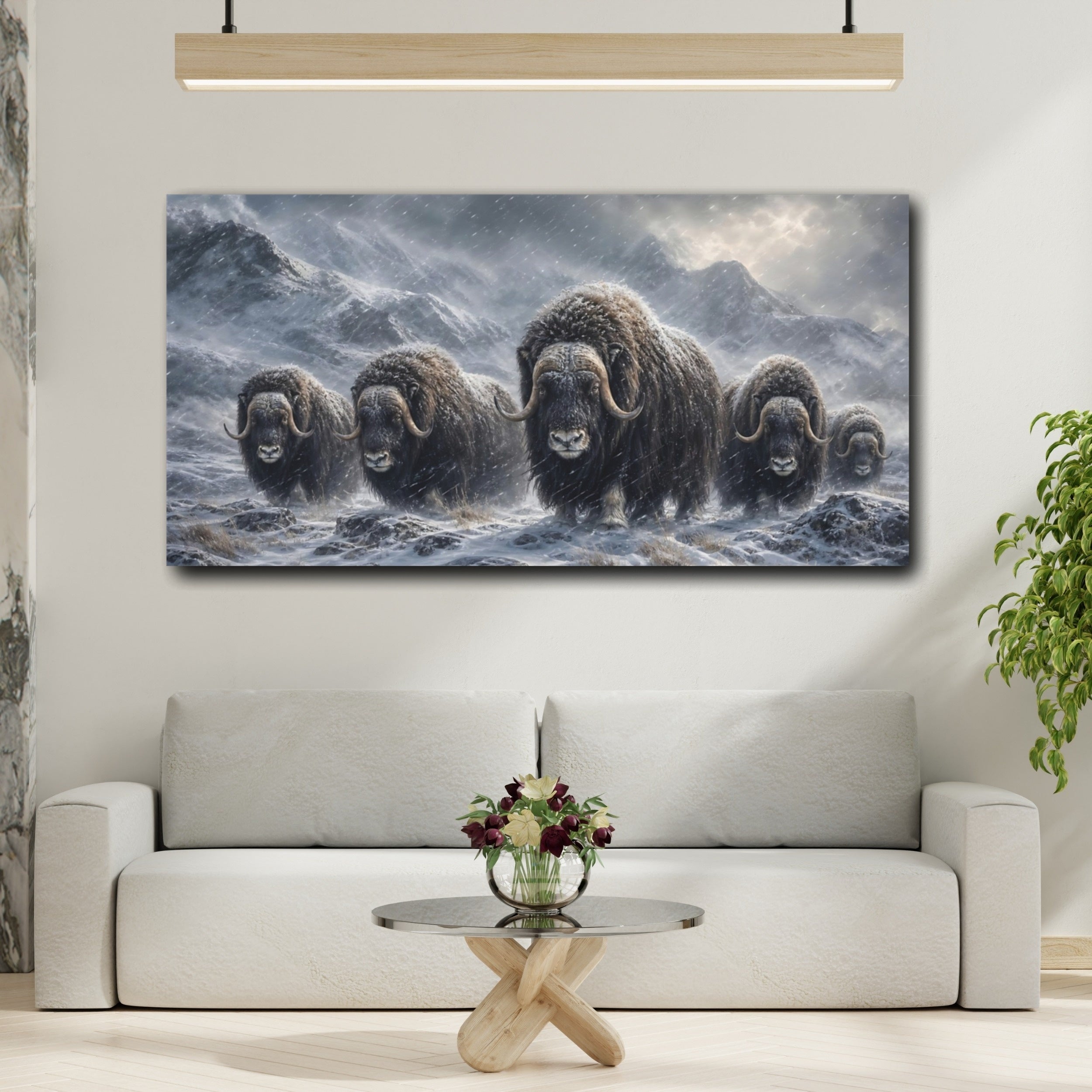 Mockup 2. Animals Musk Oxen Musk Oxen Snow shown as stretched canvas wall art