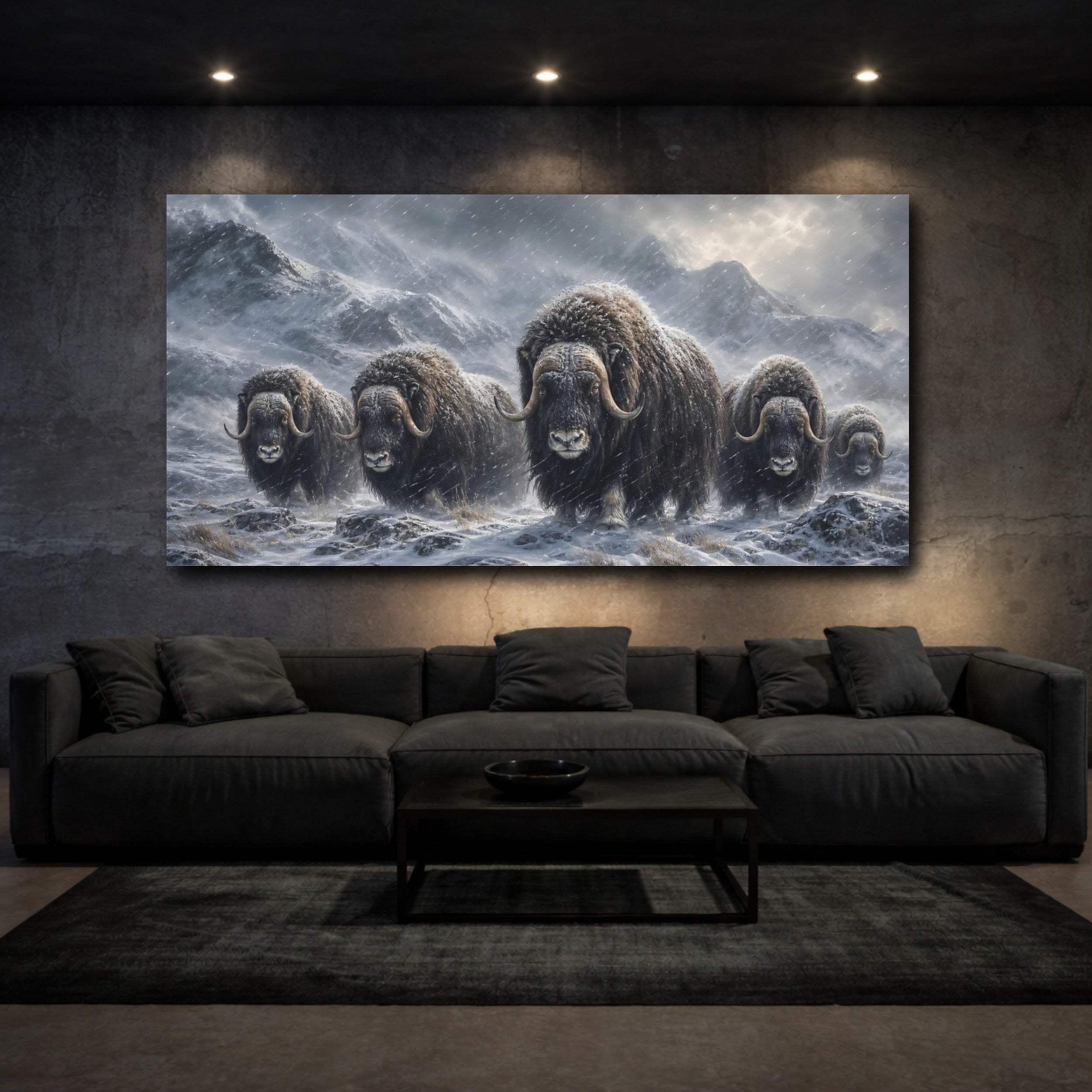 Mockup 3. Animals Musk Oxen Musk Oxen Snow shown as stretched canvas wall art