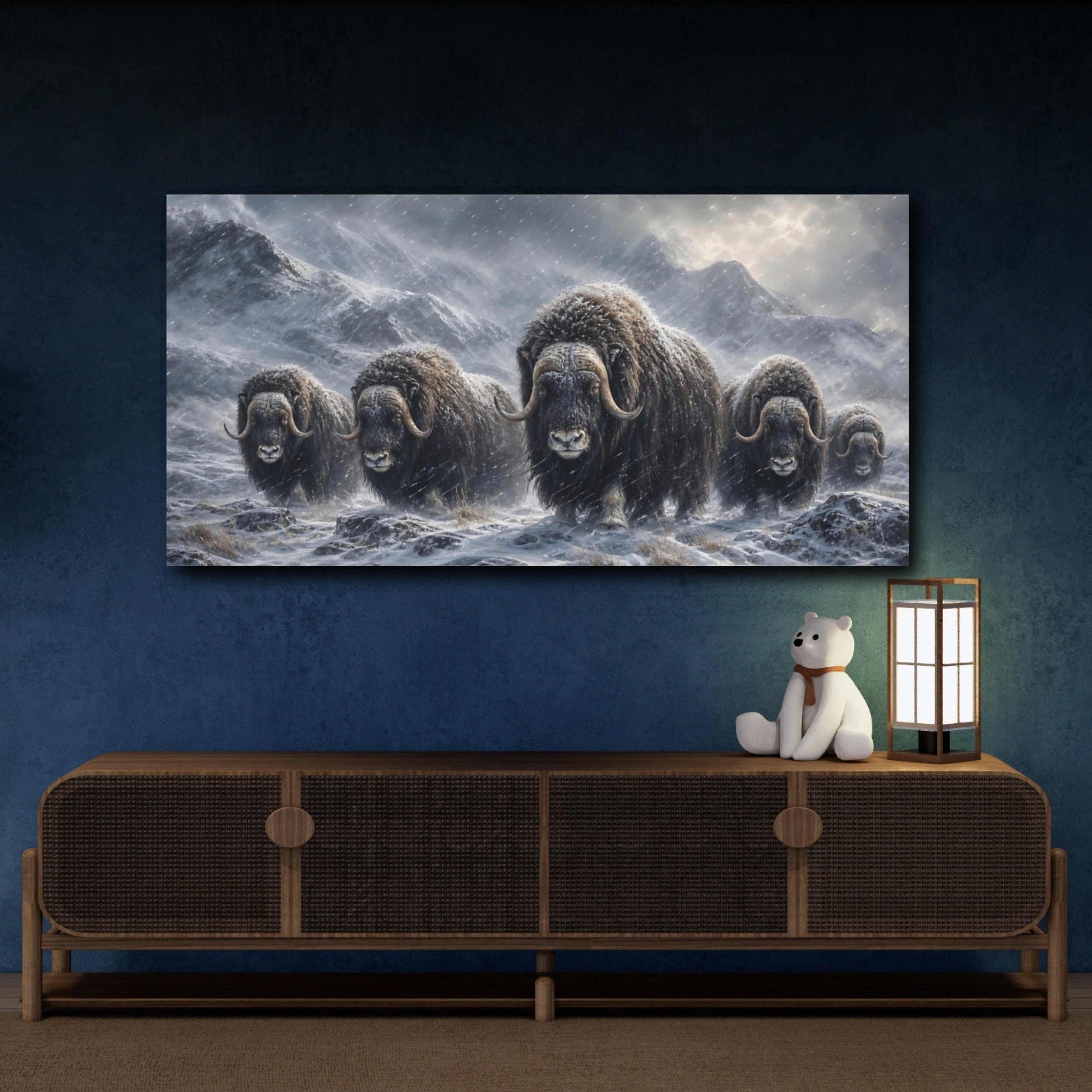 Mockup 4. Animals Musk Oxen Musk Oxen Snow shown as stretched canvas wall art