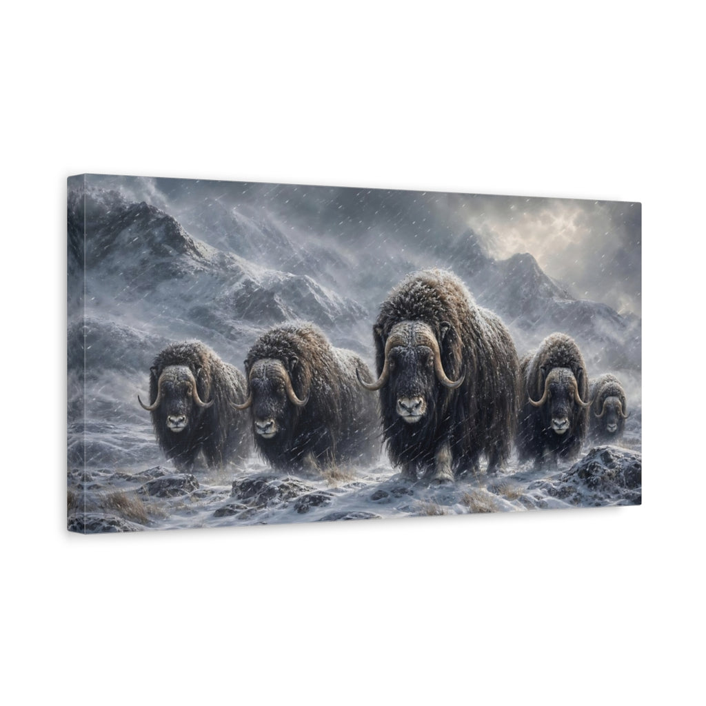 Side Mockup 3. Animals Musk Oxen Musk Oxen Snow shown as stretched canvas wall art