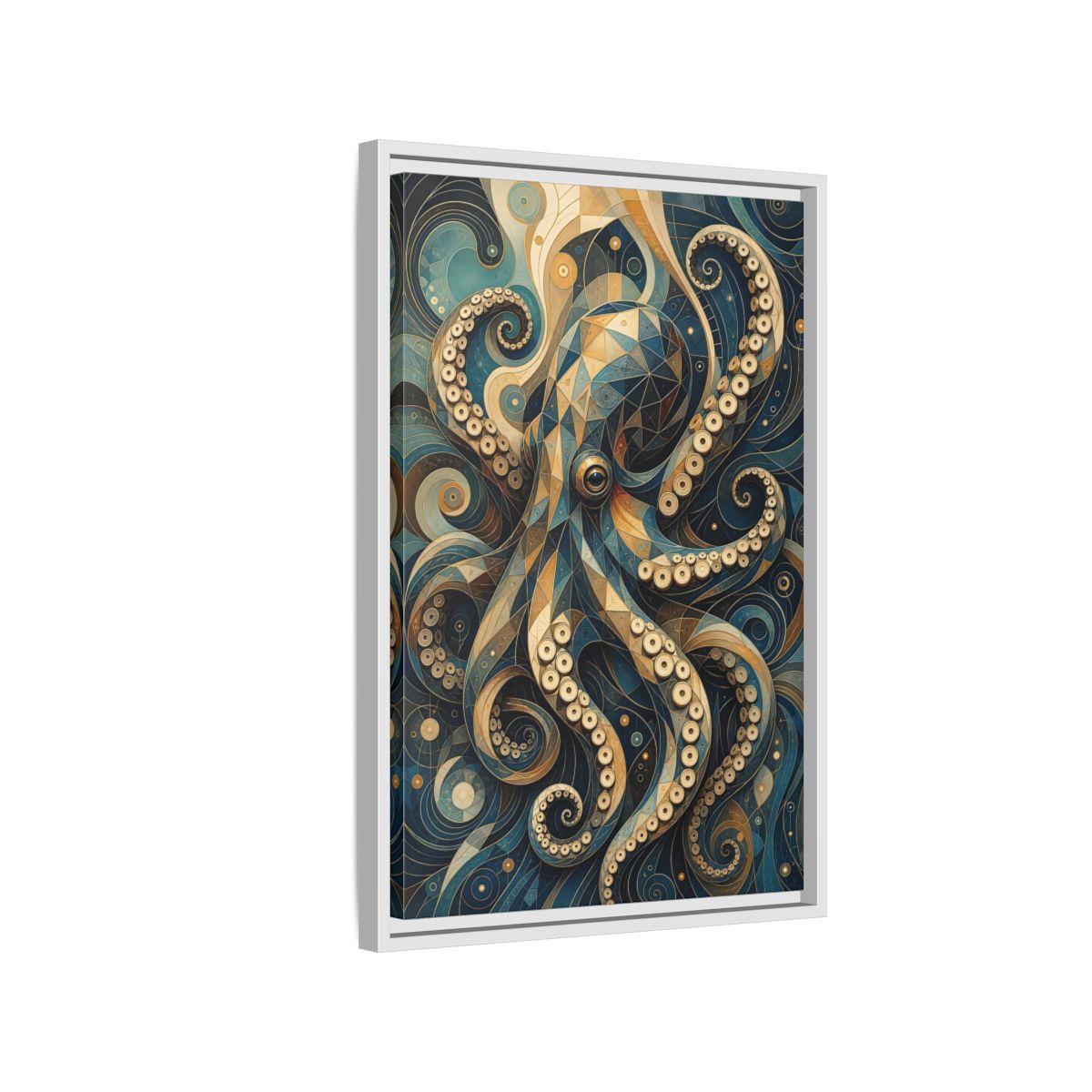 Side Mockup 1. Animals Octopus Octopus Art Blue Gold shown as stretched canvas wall art