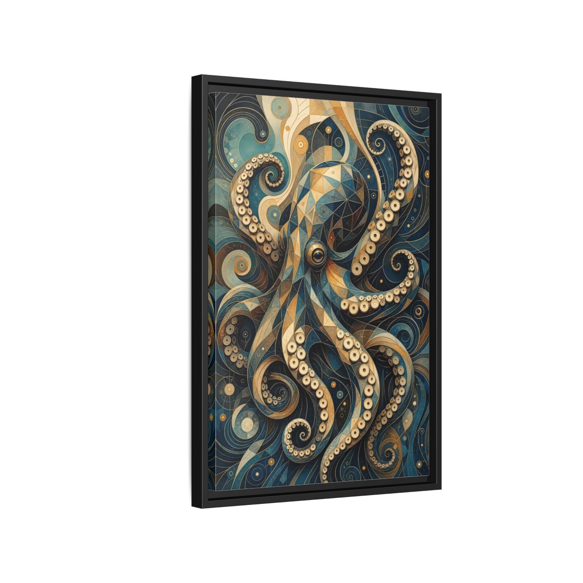 Side Mockup 3. Animals Octopus Octopus Art Blue Gold shown as stretched canvas wall art