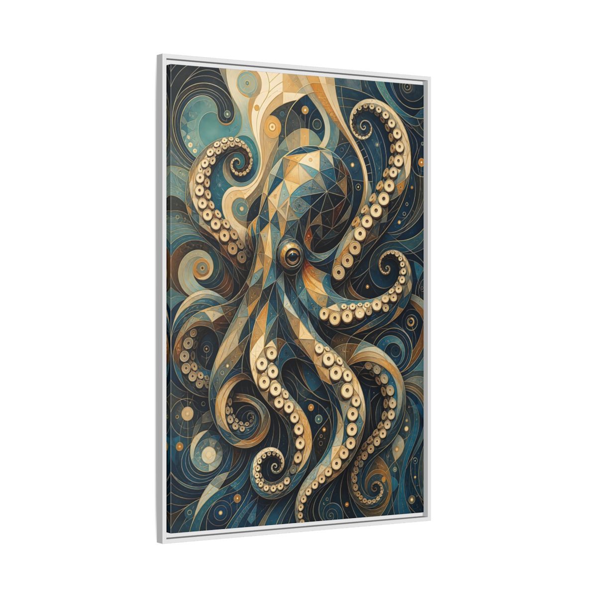 Side Mockup 7. Animals Octopus Octopus Art Blue Gold shown as stretched canvas wall art