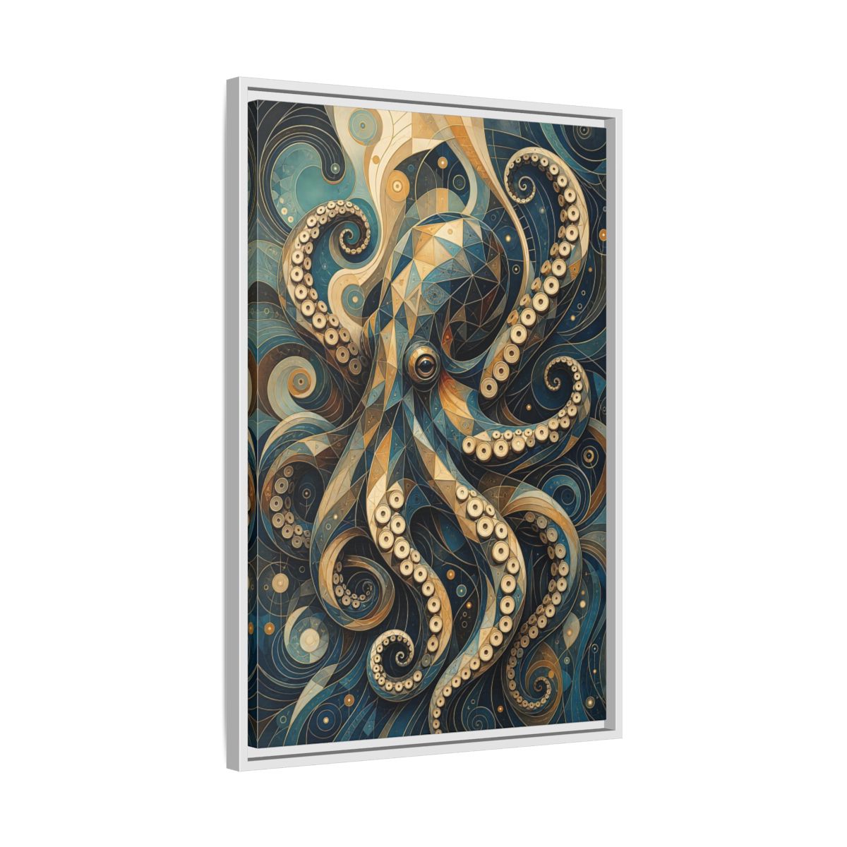 Side Mockup 10. Animals Octopus Octopus Art Blue Gold shown as stretched canvas wall art