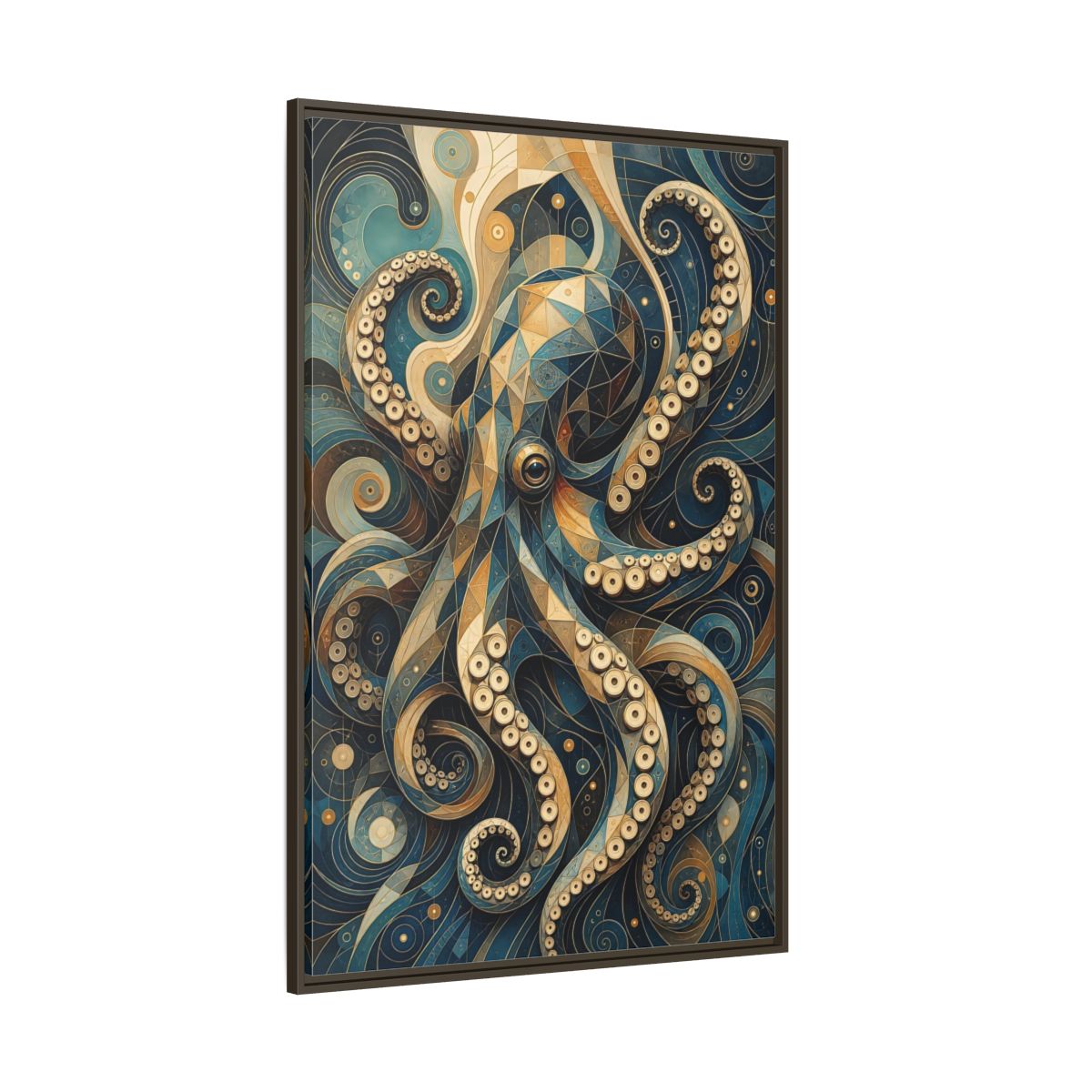 Side Mockup 8. Animals Octopus Octopus Art Blue Gold shown as stretched canvas wall art