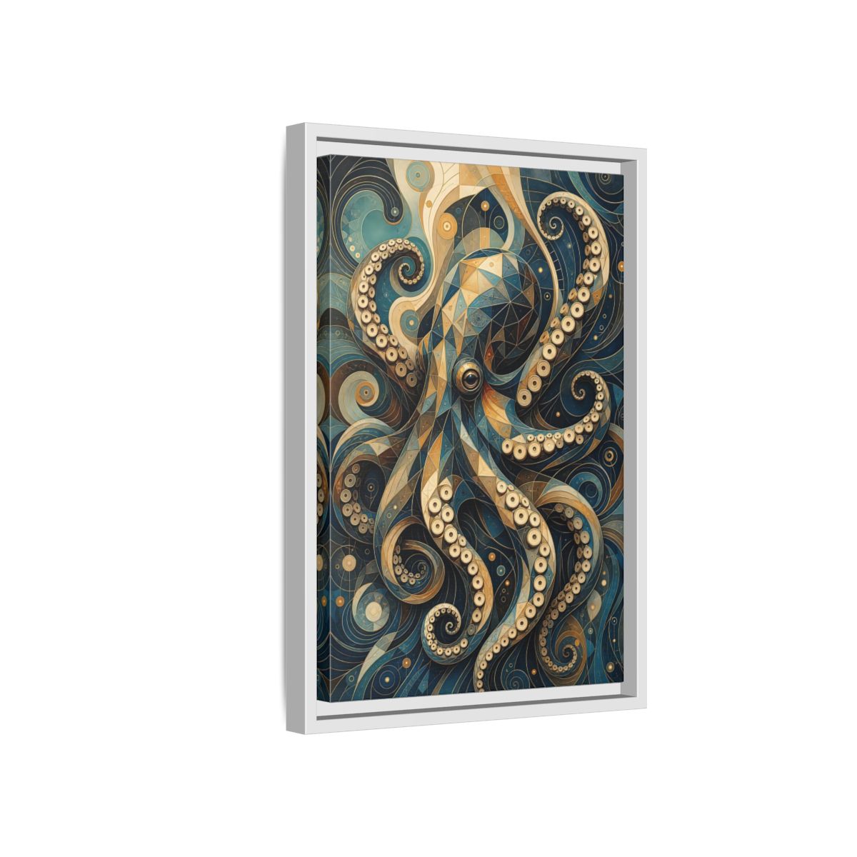 Side Mockup 4. Animals Octopus Octopus Art Blue Gold shown as stretched canvas wall art
