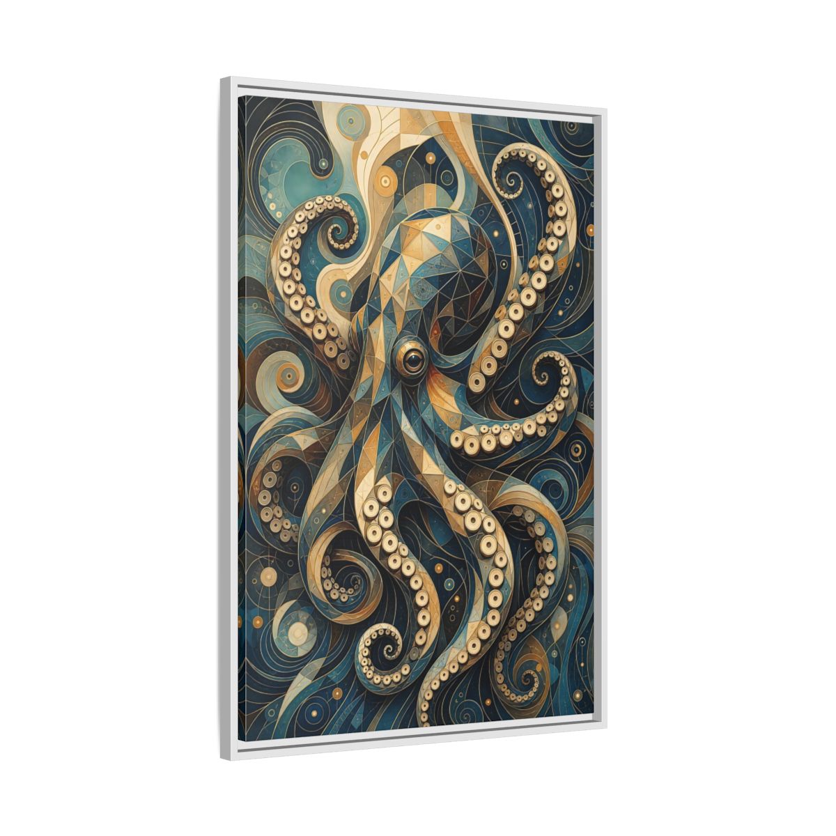 Side Mockup 9. Animals Octopus Octopus Art Blue Gold shown as stretched canvas wall art