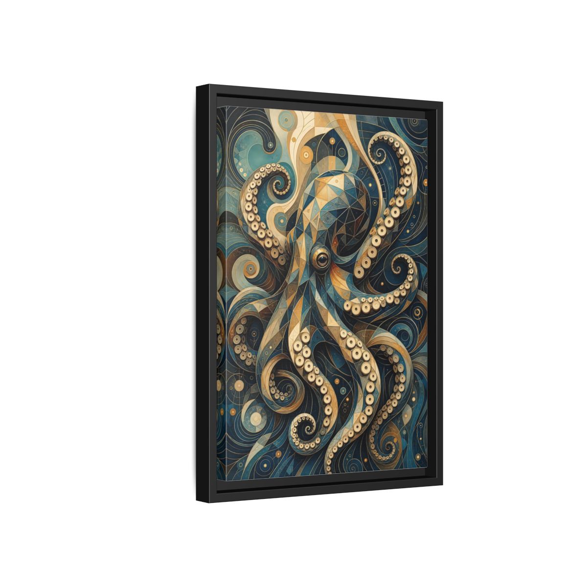 Side Mockup 6. Animals Octopus Octopus Art Blue Gold shown as stretched canvas wall art