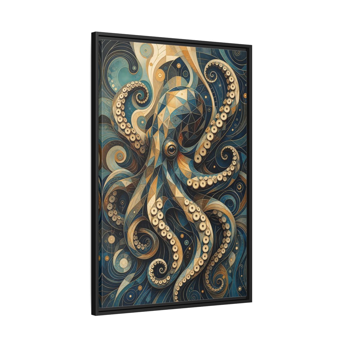 Side Mockup 13. Animals Octopus Octopus Art Blue Gold shown as stretched canvas wall art