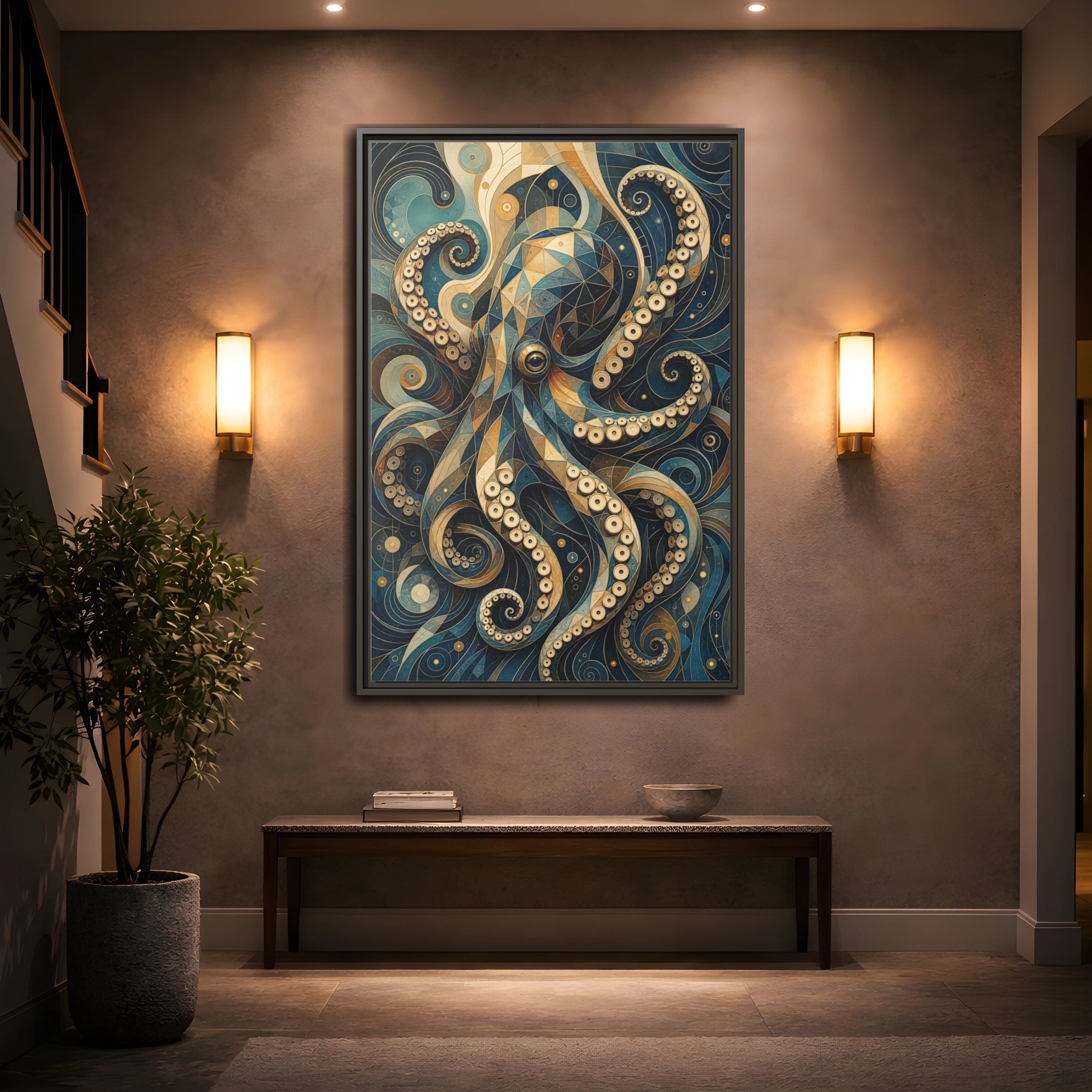 Mockup 2. Animals Octopus Octopus Art Blue Gold shown as stretched canvas wall art