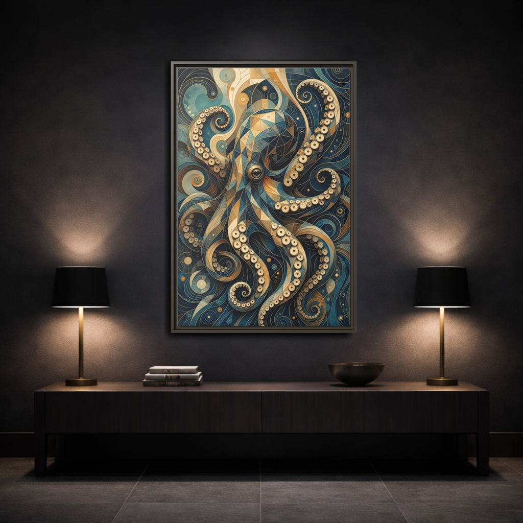 Mockup 3. Animals Octopus Octopus Art Blue Gold shown as stretched canvas wall art