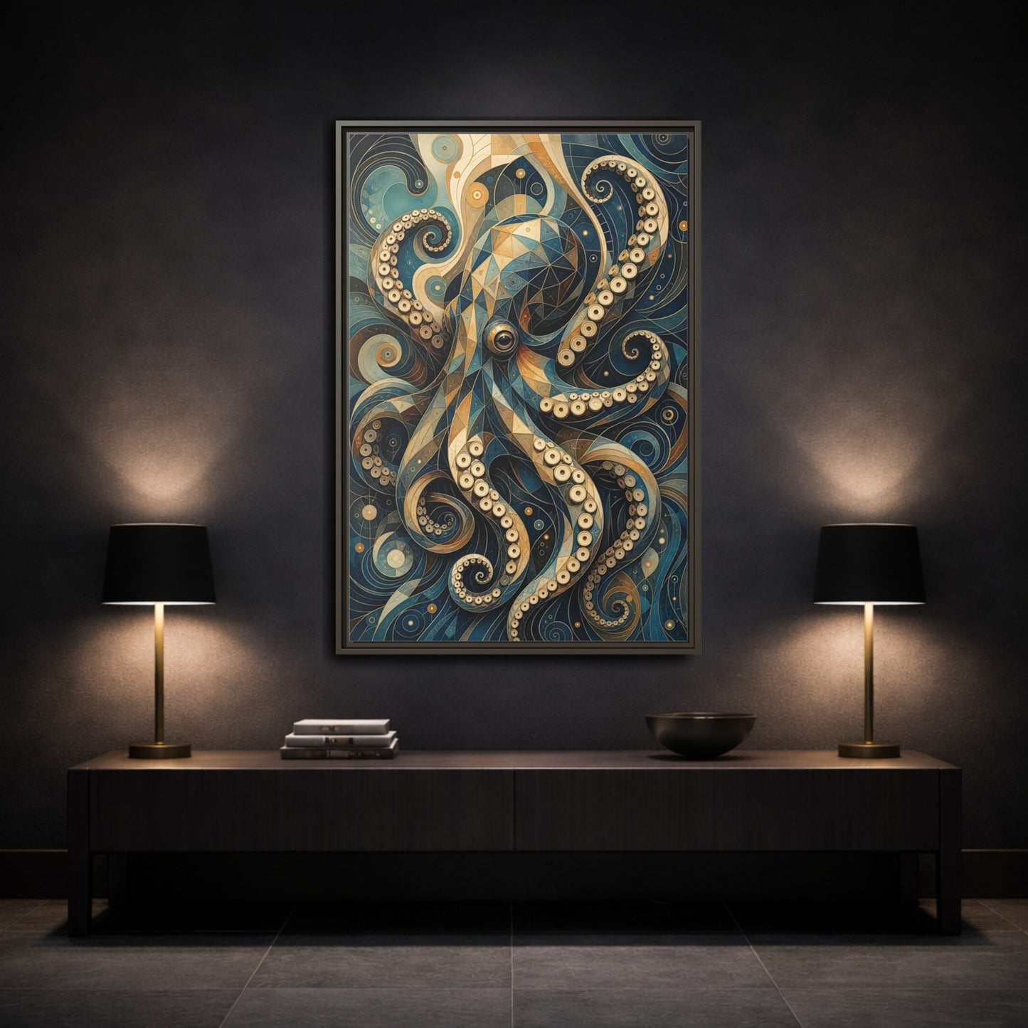 Mockup 3. Animals Octopus Octopus Art Blue Gold shown as stretched canvas wall art